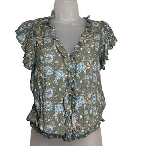 Status by Chenault Sz Small Floral Ruffle Blouse Olive Blue‎ Bohemian Romantic